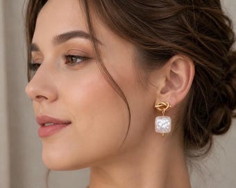 Pearl Earrings, Gold Knot Earrings, Square Bridal Earrings, Elegant Minimalist Jewelry, Gift for Her