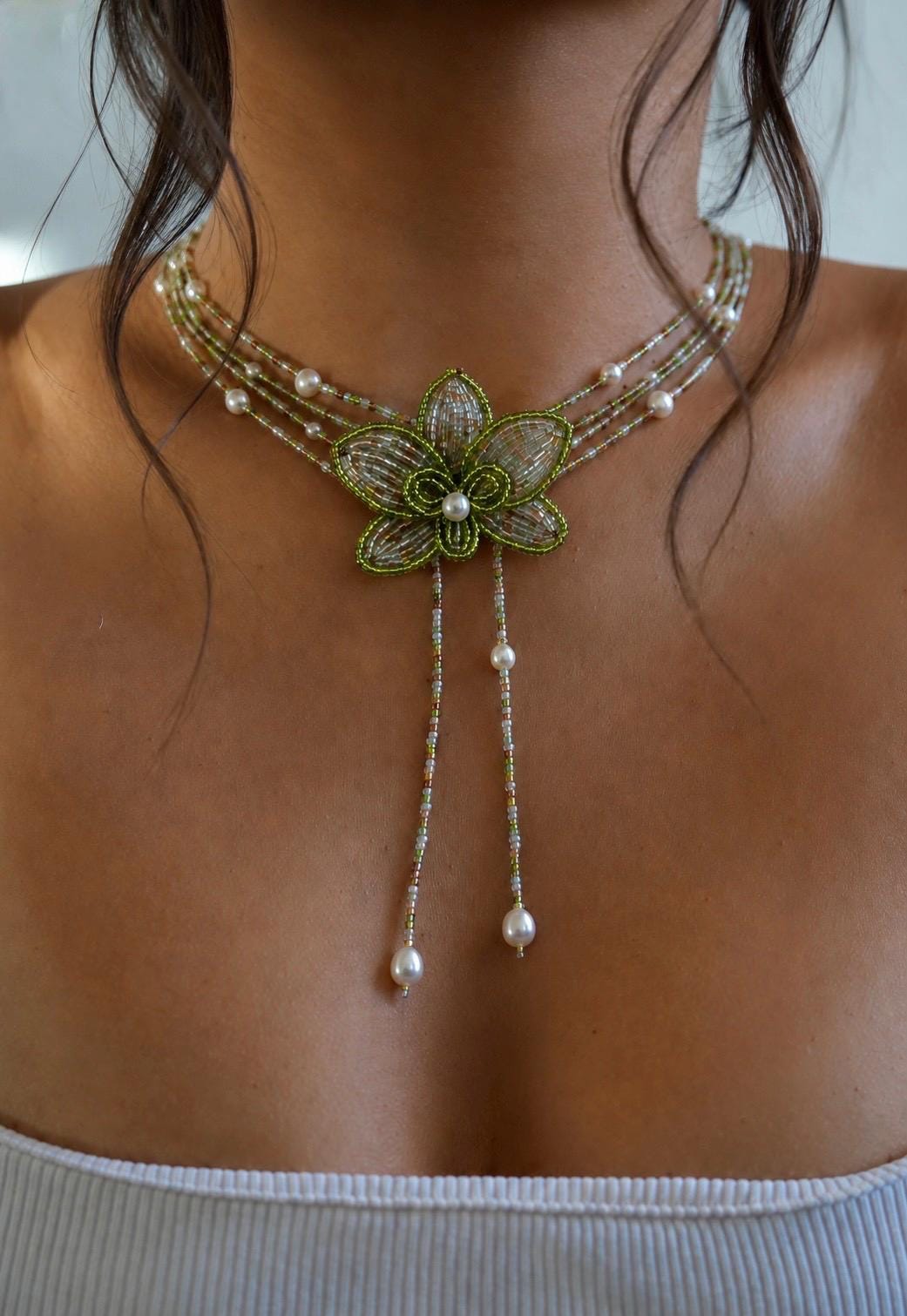 Long Beaded Flower Necklace, French Handmade Flower Necklace