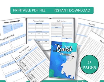 Pianificatore di viaggio stampabile / Organizzatore di vacanze con itinerario, lista di cose da mettere in valigia, budget e programma giornaliero / Download immediato del pianificatore di viaggio in PDF