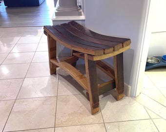 Rustic Wine Barrel Bench | Reclaimed Oak Barrel Stave Furniture | Curved Entryway Bench with Shelf | Handmade Rustic Farmhouse Decor.