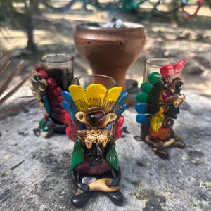 Handmade Aztec Jaguar Tequila Shot Glasses with Obsidian - Set of 3