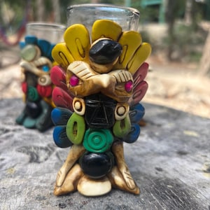 Handmade Tequila Shot Glass – Aztec Eagle Warrior Design with Obsidian – Mexican Folk Art