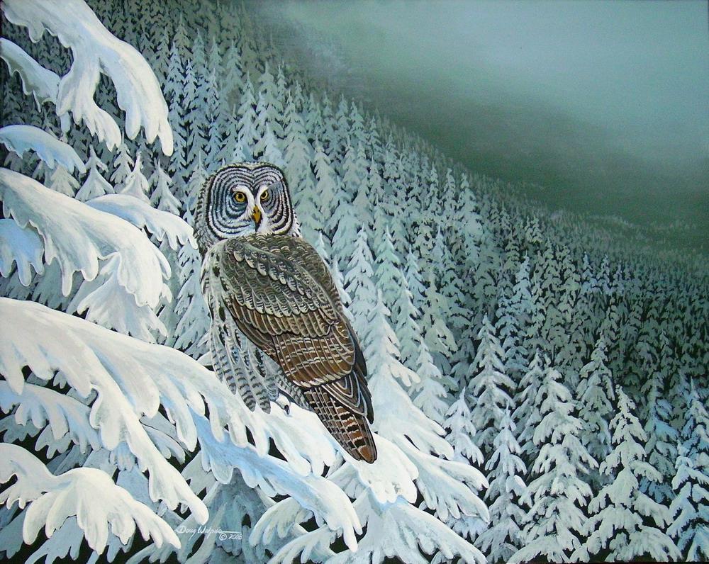 Grey Owl Watercolor Print, Winter Landscape Art (11 x 14) Unframed