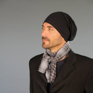 Organic Cotton Gauze Scarf in Reversible Checked Plaid Square Scarf Unisex Eco Friendly Black Gray image 3