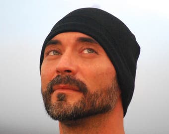 Men's Beanie Hat - Unisex - Black Organic Cotton Soy Spandex French Terry - Eco Friendly - Organic Clothing