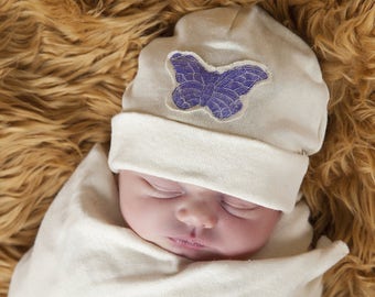 Baby Hat - Natural Color Organic Cotton Hemp Jersey with Hand Stamped Purple Butterfly -  Eco Friendly  - Newborn - Baby Shower