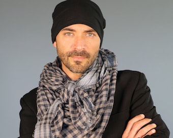 READY to Ship on SALE - Oversized Square Scarf - Plaid Accessories - Organic Cotton Gauze Scarf Reversible Checked Plaid - - Black Gray