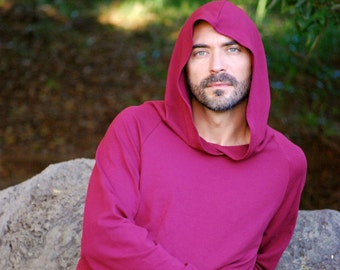 Eco Friendly Hoodie in Burgundy Wine - Organic Clothing - Raglan Sleeve - Red - Men