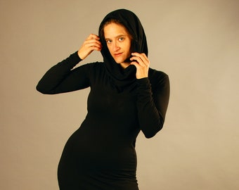 Deep Cowl Hoodie Dress Black - Eco Friendly Jersey - Several Colors Available  - Organic Clothing