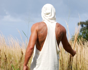 Men's Racerback Sleeveless Hoodie - Hemp Organic Cotton Jersey - Natural Color