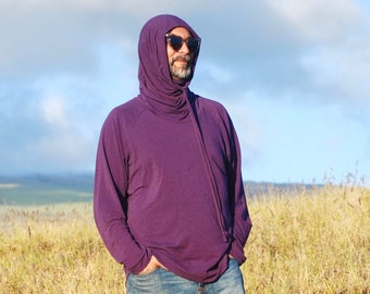 Men's Eco Friendly Cowl Hoodie with Drawstring - Extra Long - Purple Rain - Organic Clothing -  Raglan Sleeve