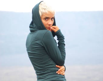 Spruce Green Womens Top - Long Sleeve Fitted Tunic - Cowl Hoodie - Eco Friendly - Organic Clothing