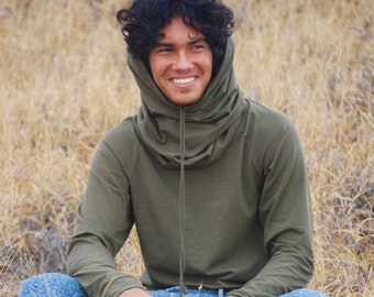 SALE - Size XS - Men's Eco Friendly Cowl Hoodie with Drawstring - Extra Long - Olive Green - Organic Clothing -  Raglan Sleeve