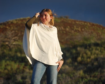 Poncho with Cowl - Organic Cotton Hemp Fleece Natural Color - Organic Clothing