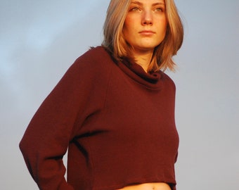 Boxy Cropped Sweater Top - Organic Cotton Thermal - Garnet Red - Organic Clothing - Fall - Loungewear