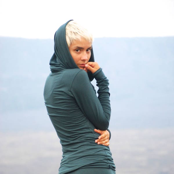 Spruce Green Womens Top - Long Sleeve Fitted Tunic - Cowl Hoodie - Eco Friendly - Organic Clothing