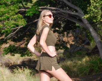 Drawstring Side Slit Shorts - Olive Green - Loose Flowy Shorts - Eco Friendly - Organic Clothing - Several Colors