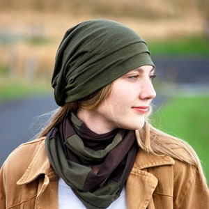 Slouchy Unisex Hat -Men&#39;s and Women’s Hat - Olive Green- Eco Friendly Jersey - Organic Clothing