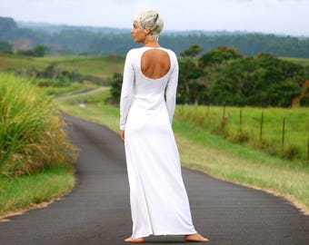 Long Sleeve Fitted Back Cut Out Maxi Dress - Several Colors Available - Organic Wedding Dress