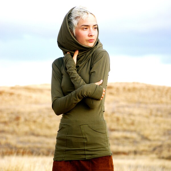 Long Sleeve Fitted Tunic Cowl Hoodie with Pockets and Thumbholes- Olive Green - Organic Clothing - Eco - Friendly for Women