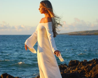 Organic Cotton Hemp Wedding Dress  - Long Bell Sleeve - Off Shoulder - Boho - Fantasy - Alternative - Beach - White Ceremonial Dress