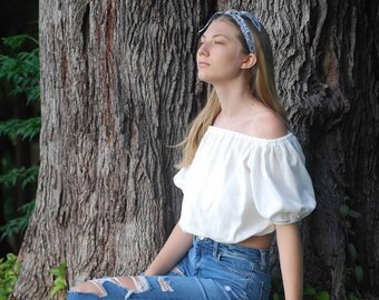 Organic Cotton Gauze - Peasant Top Off Shoulder Crop Top - Boho Summer Top - White