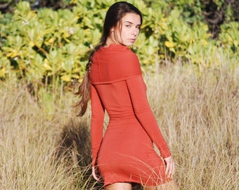 Rust Women's Long Sleeve Bodycon Mini Dress - Cowl Hoodie - Eco Friendly - Organic Clothing - Several Colors