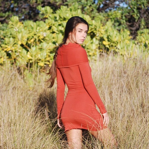 Rust Women's Long Sleeve Bodycon Mini Dress - Cowl Hoodie - Eco Friendly - Organic Clothing - Several Colors