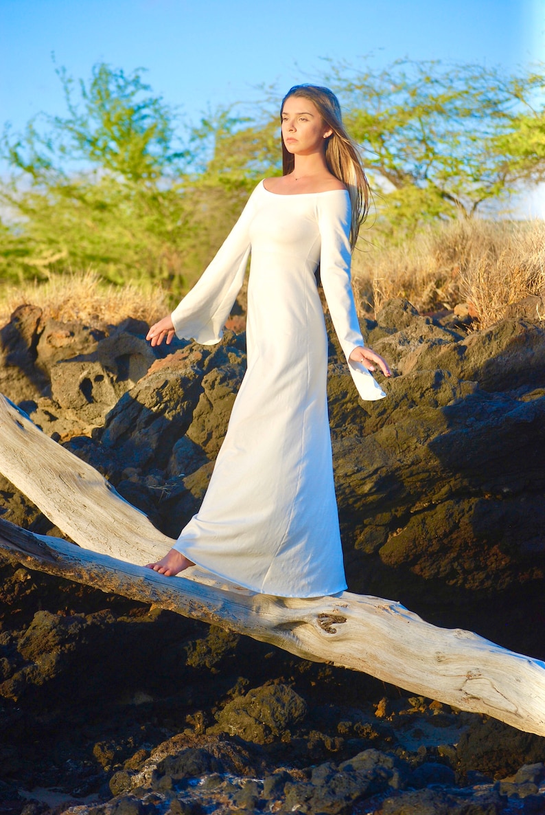 Organic Cotton Hemp Wedding Dress Long Bell Sleeve Off Shoulder Boho Fantasy Alternative Beach White Ceremonial Dress image 4