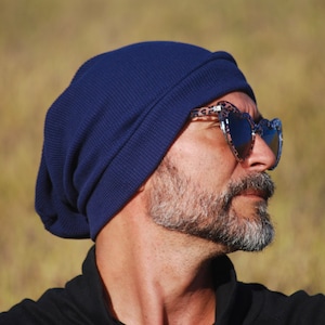 Slouchy Unisex Hat -Men&#39;s and Women’s Hat - Navy Blue USA Organic Cotton Thermal - Organic Clothing