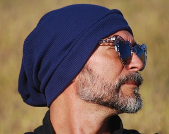 Slouchy Unisex Hat -Men's and Women’s Hat - Navy Blue USA Organic Cotton Thermal - Organic Clothing