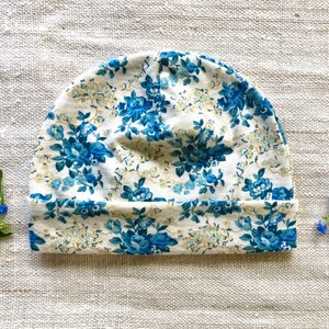 Baby Hat - Newborn Cap - Blue and Creme Floral Print Organic Cotton  -  Eco Friendly  - Newborn - Baby Shower