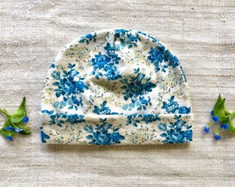 Baby Hat - Newborn Cap - Blue and Creme Floral Print Organic Cotton  -  Eco Friendly  - Newborn - Baby Shower