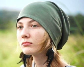 Unisex Slouchy Hat - Olive Green Organic Cotton Soy Spandex French Terry - Winter Hat - Organic Clothing  - Eco Friendly