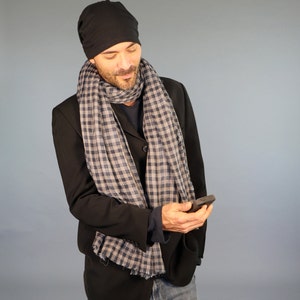 Organic Cotton Gauze Scarf in Reversible Checked Plaid Long Scarf Unisex Eco Friendly Black Gray image 1