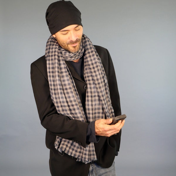 Organic Cotton Gauze Scarf in Reversible Checked Plaid - Long Scarf - Unisex - Eco Friendly - Black Gray