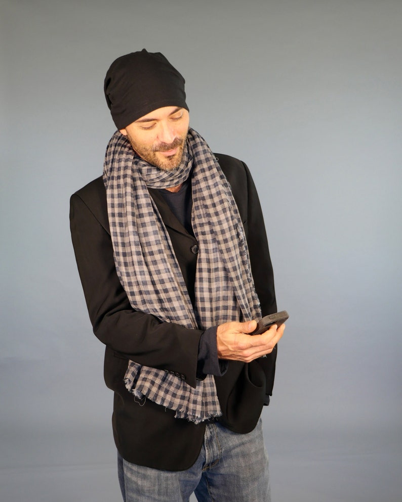 Organic Cotton Gauze Scarf in Reversible Checked Plaid Long Scarf Unisex Eco Friendly Black Gray image 1