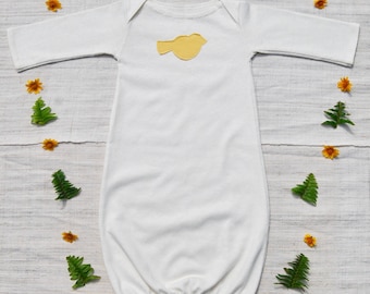 Newborn Gown - Yellow Bird -Natural Color Hemp Organic Cotton Jersey - Organic Baby Gown - Gender Neutral - Eco Friendly Clothing