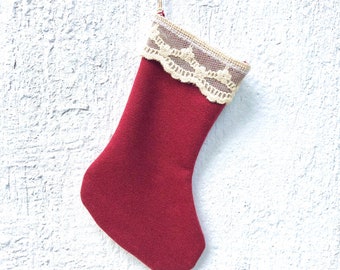 Mini Christmas Stocking - Ornament - Organic Cotton Soy Spandex - Organic Lace  - Eco Friendly - Holiday Decor