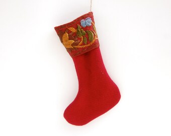 Red Christmas Mini Stocking - Ornament - Organic Cotton - Embroidered Silk Trim  - Eco Friendly - Holiday Decor