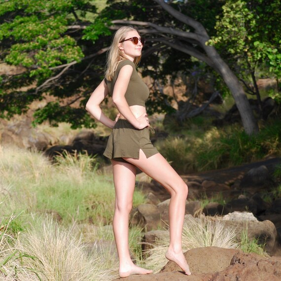 Drawstring Side Slit Shorts Olive Green Loose Flowy Shorts Eco Friendly Organic Clothing Several Colors Etsy New Zealand
