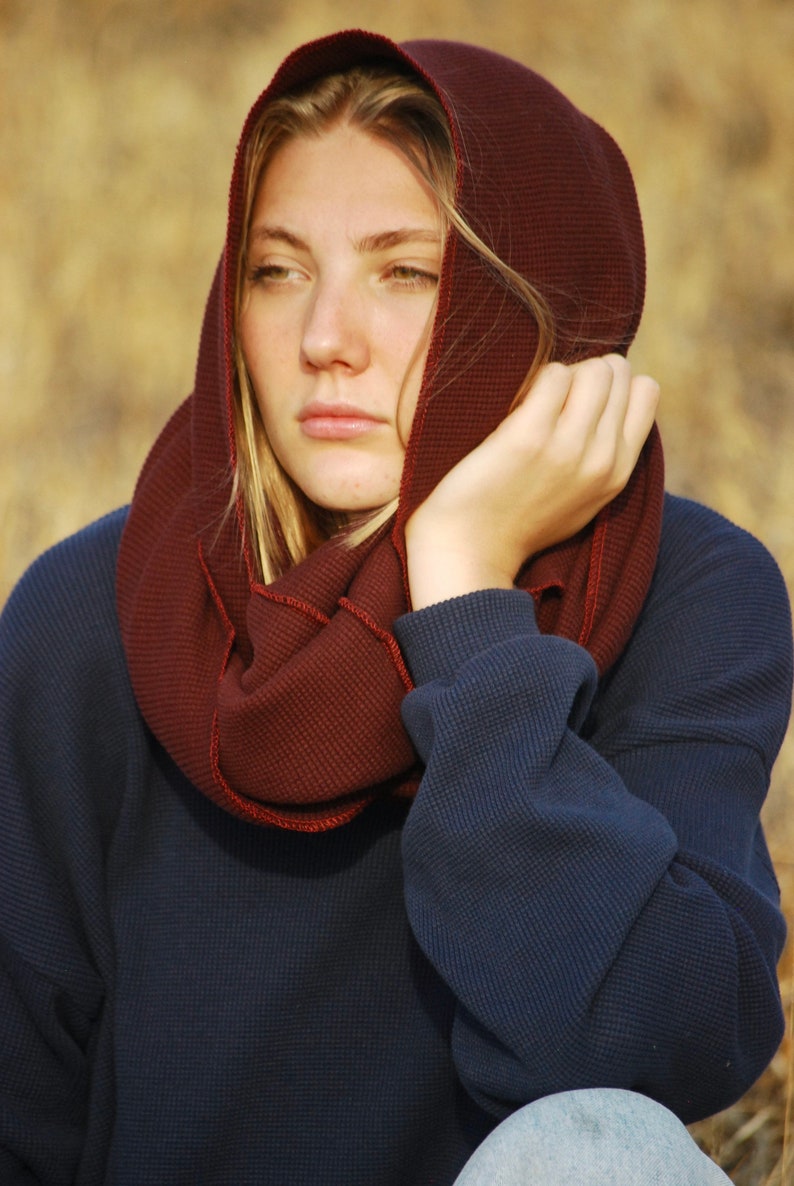 Infinity Scarf Garnet Red Organic Cotton Waffle Knit Thermal Circle Scarf Chunky Cowl Hood Organic Clothing image 4