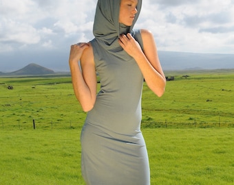 Eco Friendly Mini Dress - Sleeveless Cowl Hoodie - Fitted - Stone Blue - Organic Clothing - Several Colors