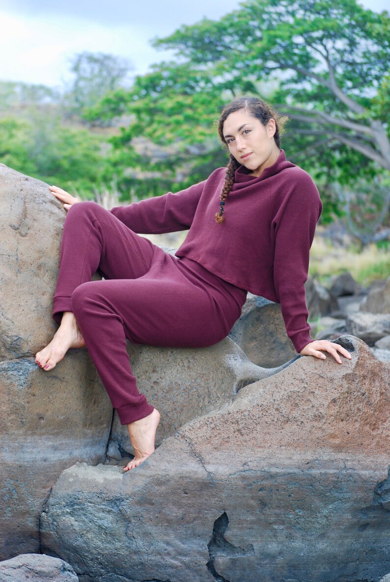 Womens Drop Crotch Joggers Organic Cotton Thermal Red Wine Organic Clothing Loungewear Yoga Pants image 4