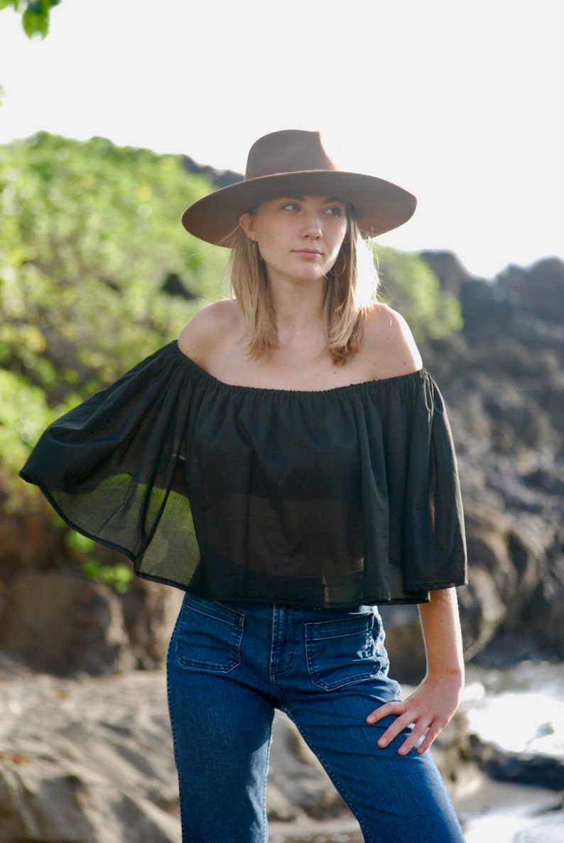 Black Off Shoulder Ruffle Crop Top Lightweight Organic Cotton Voile Summer Top Retro Vibes image 1