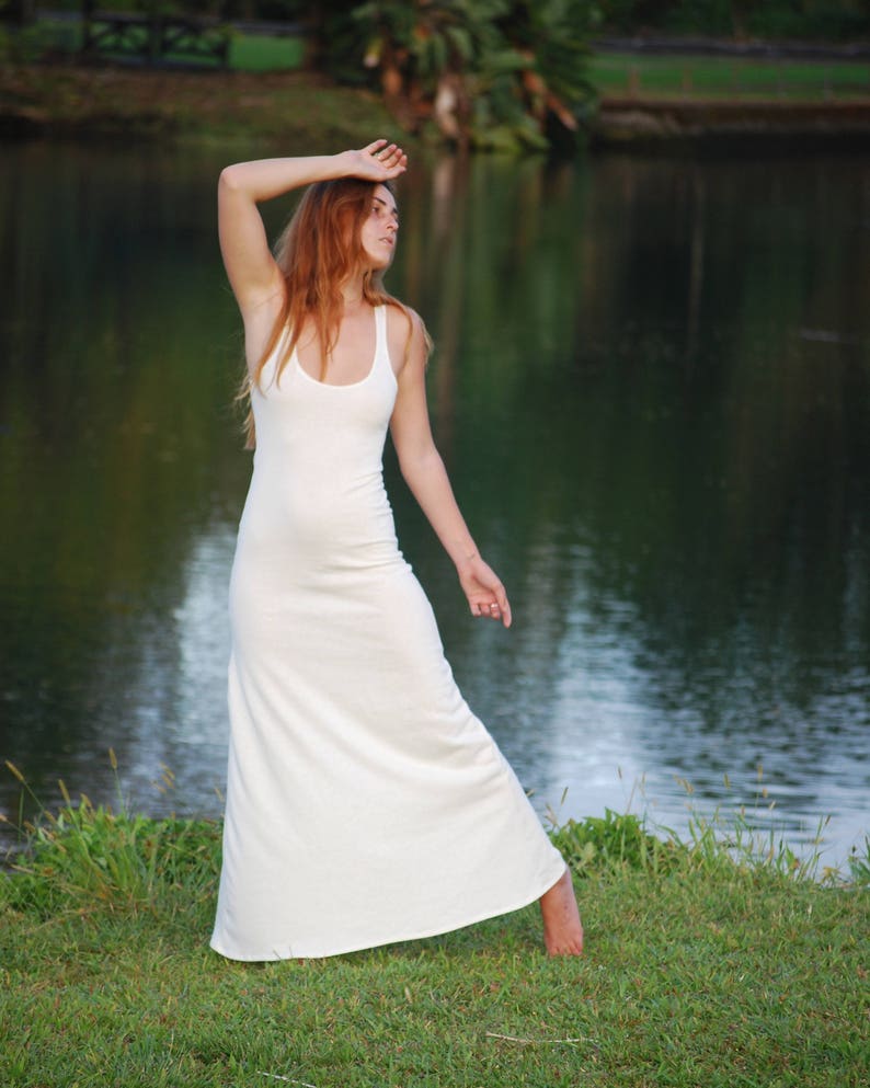 Tank Style Maxi Dress with High Back Slit Natural Color Hemp Organic Cotton Jersey Boho Wedding image 2