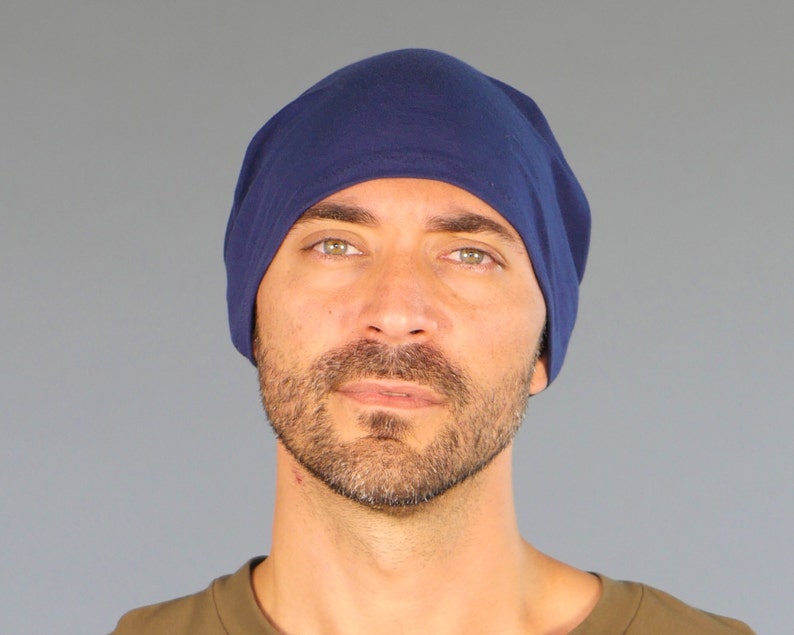 Men's Hat Unisex Hat Slouchy Beanie Navy Blue Eco Friendly Jersey Organic Clothing image 2