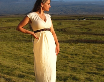 Rustic Wedding Dress - Maxi Dress - Cap Sleeve - Organic Cotton Hemp Jersey - Natural Creme Color