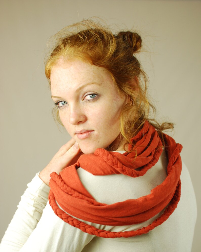 SALE Braided Infinity Scarf Circle Scarf Rust Eco Friendly Jersey Gift for Her Ready to Ship image 1
