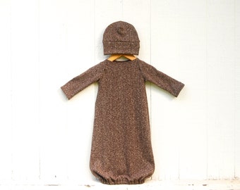 Newborn Gown and Hat Set - Mocha Brown Heathered Hemp Organic Cotton Jersey - Organic Baby - Gender Neutral - Eco Friendly Clothing